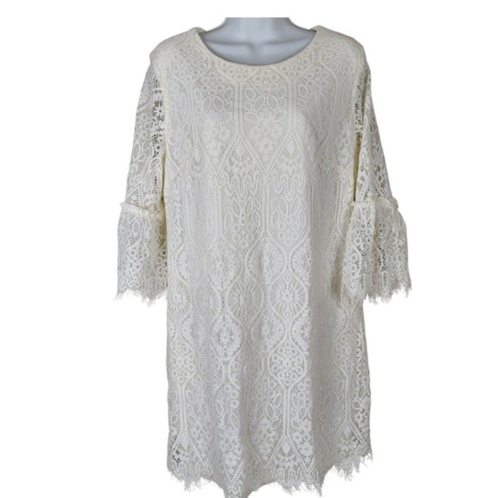 Cream Lace Bell Sleeve Shift Dress Ivory 14‎ boho cottagecore bridal shower